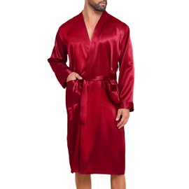 Lovasy Mens Silk Dressing Gown Summer Satin Robe for men Lightweight Kimono Dressing Gown Long Sleeve Bathrobe with Belt and Pockets Night Robes for Wedding Party,Red,XL