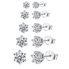 Epoch World 5 Pairs 925 Sterling Silver Earrings Women's Stud Earrings Silver 925 Hypoallergenic Cubic Zirconia Round Stud Earrings Women Earrings Silver for Women Girls Men Men, Sterling Silver