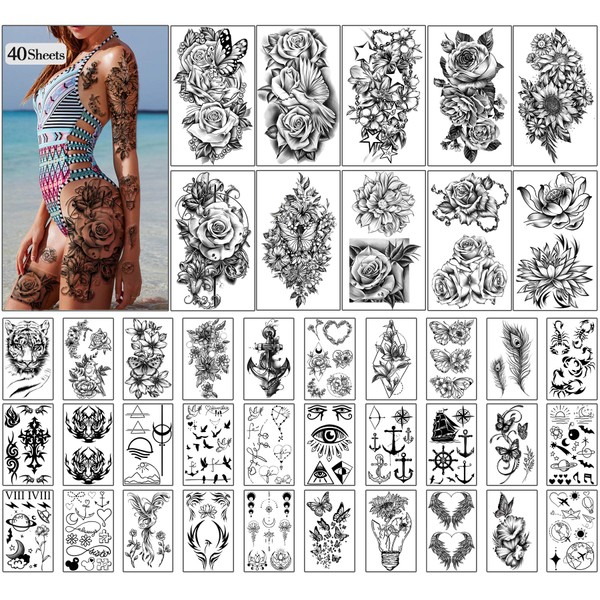 Metuu 40 Sheets Large Black Peony Rose Flowers Lady Long Lasting Waterproof Temporary Tattoo 3D Girls Arm Hand Collarbone Leg Tattoos Stickers for Women Gift or Decoration（10 Large & 30 Tiny）