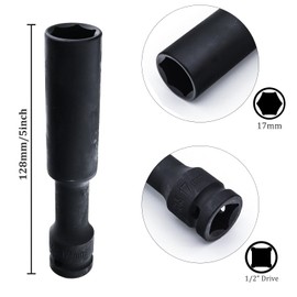 Juttzzei Deep Thin Wall Impact Socket, Extra Long 1/2 Inch Drive by 17mm Deep Impact Socket, CR-V Steel 17mm Socket 1/2 Drive with 128mm Length 6-Point Metric Sizes for Car Tractors Engines Repair