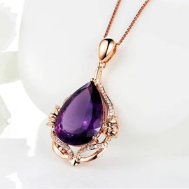 Salanda Elegant Mermaid Amethyst Pendant Necklace, Luxury Fashion18K Rose Gold Natural Purple Crystal Jewelry For Women, mm, Gold, Cubic Zirconia