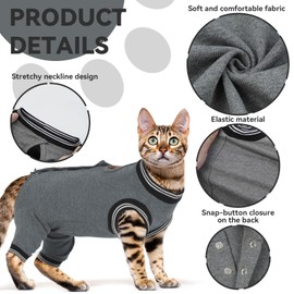 T'CHAQUE Cat Surgery Recovery Suit for Female Male, Cat Onesie Pet Surgical Pajamas Hind Legs Long Sleeve, Abdominal Wound Skin Diseases, E-Collar Alternative, Spay/Neuter Recovery Suit, Gray-M
