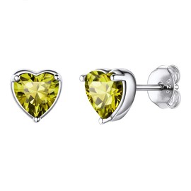 Suplight August Birthstone Earrings, Dainty Cute Peridot Crystal Screw Back Earrings 925 Sterling Silver Hypoallergenic Heart Stud Earrings for Women Teen Girls