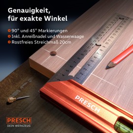 Presch Try Square 200 mm – Highly Precise & Rustproof – Innovative Marking Gauge 20 cm – Exact Carpenter's Angle Including Spirit Level & Scriber for Ultimate Versatility – Perfect 90° & 45°