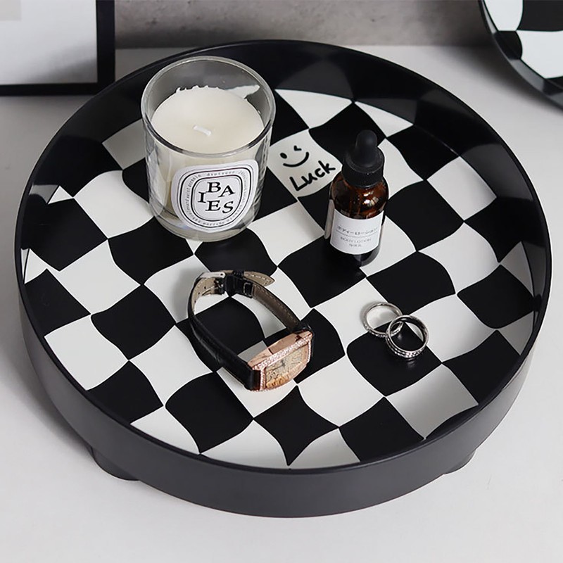 Round Storage Organizer Tray Checkerboard Design Plate Container Tray for