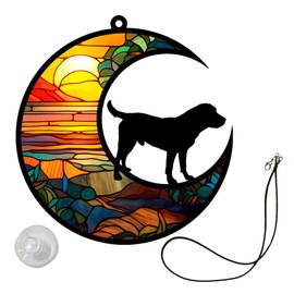 DEARMAMY Dog Stained Glass Dog Memorial Dog on Moon Stained Glass Window Hanging Pendant Decor Pet Loss B