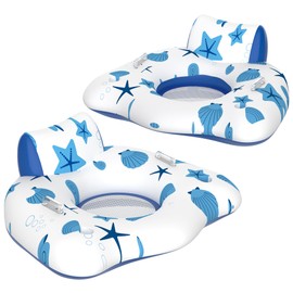 CACSPS Inflatable Pool Floats Adult, 2 Pack Floating Lounge Chairs with Cup Holders, Heavy Duty Blow Up Pool Floats Chair for Summer Water Fun, Beach, Lake, or Pool Party (Blue)