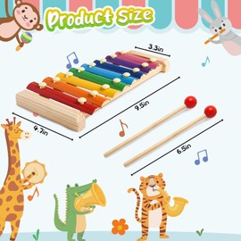 LovesTown Wooden Xylophone Musical Toy, 8 Rainbow Keys, 2 Mallets, Educational Instrument for Toddlers