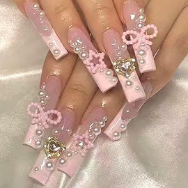 Cute Press on Nails Long Square Y2K BAOYAALIN, Pink Fake Nails with 3D Alloy Rhinestones Pearls Design Gel Glue on Nails for Women Girls Acrylic Artificial False Stick on Nail for Wedding 24Pcs