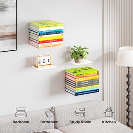 ART-GIFTREE Floating Book Shelves for Wall, Invisible Book Shelf, Heavy Duty Wall Mounted Bookshelf for Storage, Hidden Book Organizer, Vertical Spine Shelf for Home Office, 4 Packs, White