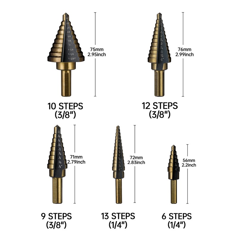 IRONANT Step Drill Bits, 5PCS HSS Titanium Step Drill Bit