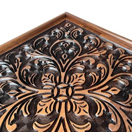 Ottoman Tray 24x24 inches Square Engraved Ottoman Tray for Living Room Non-Slip Protective Tray Mat Bottom Handles Decorative Ottoman Serving Tray Brown & Black