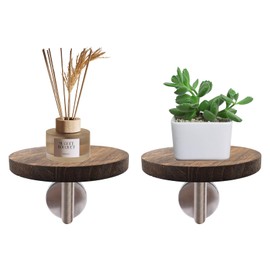 2 Sets Wall Mounted Plant Holder with Mounting Screws, 5.9 Inch Round Floating Planter Hanger (Metal Bracket and Wood Tray) for Bedroom Living Room Porch Balcony Wall Décor
