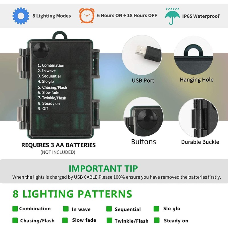 Tcamp 33ft 100LED Battery Operated Christmas Lights Outdoor Indoor, Battery