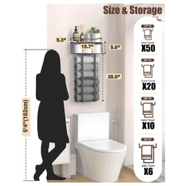 Large Towel Rack & Bathroom Towel Holder - Wall Mounted Metal Rack with Wooden Floating Shelf, Small Bathroom Towel Storage, Easy Holds 6 Large Rolled Towels, Black with Brown Plank