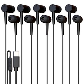 5 Pack Bulk Wired Earbuds, USB-C, in-Ear, Mic, Compatible with Phone, Tablet, Laptop, PC for School, Online Class, Meeting, Conference, Practice, Test, Black
