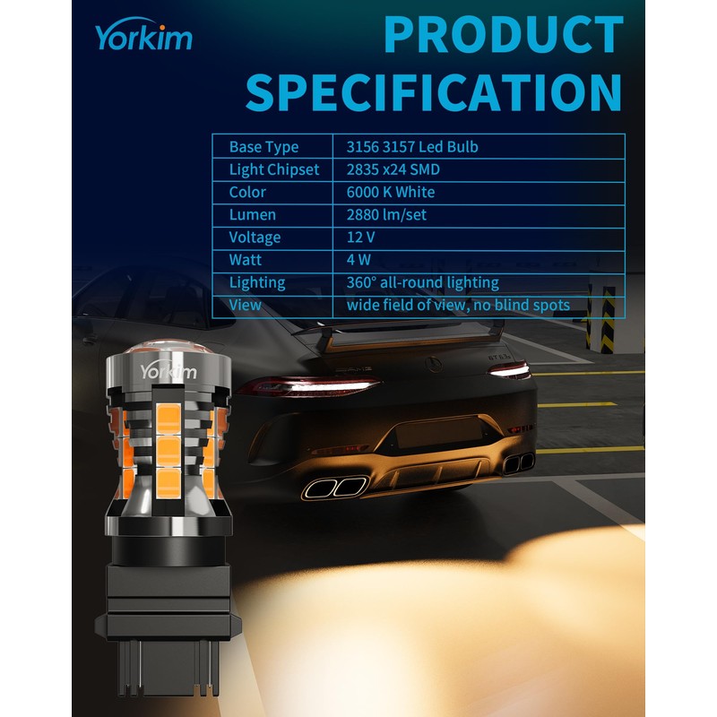 Yorkim 3157 LED Bulb 6000K Amber 2880 lumens 3156 LED