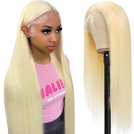 Shoaiye 13 x 4 Lace Front Real Hair Wig, Women's Straight Human Hair Wig, Wear and Go Glueless Remy Pre Plucked Natural Hairline, 150% Density, #613 Blonde Colour for Woman, 32 Inches
