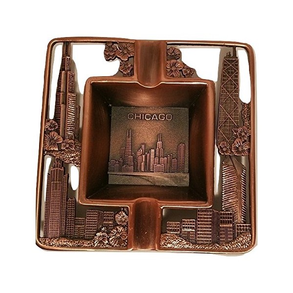 Vintage Metal Chicago Souvenir - Square Ashtray Plate with Willis Tower, Hancock Building, and Chicago City Skyline