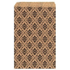 200 pcs Damask Paper Gift Bags Shopping Sales Tote Bags 6" x 9" Brown with Black Damask Design