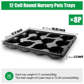 BTPLASTIK 12 Cell Round Nursery Pots Trays 8 Pack, Sturdy Carrying Trays for Holding 4 Inch Plant Pots, Thickened Plastic Seeding Planting Tray, Black