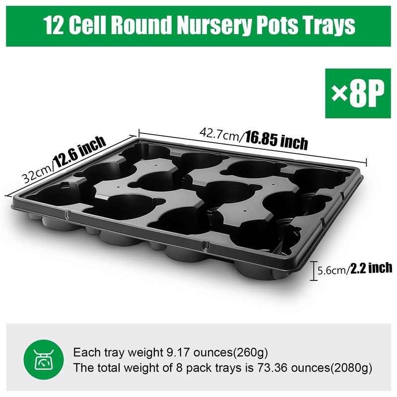 BTPLASTIK 12 Cell Round Nursery Pots Trays 8 Pack, Sturdy