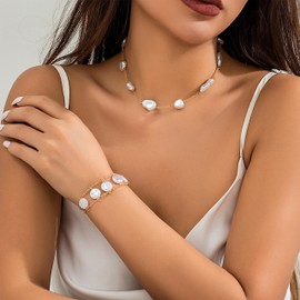 Pearl Choker Necklace Bracelet Jewelry Sets for Women Baroque Pearl Necklace Dainty Pearl Bracelet Gold Pearl Chain Necklace Jewelry for Wedding Party Accessories