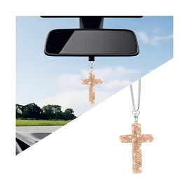 HZEL Bling Car Hanging Ornament, Cross Crystal Rhinestone Vehicle Rear View Mirror Pendant, Diamond Religious Rearview Mirror Decoration Charm, Universal Automotive Interior Accessories (Champagne)