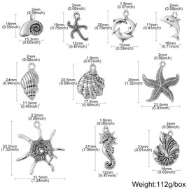 Ornazy 50 pcs 10 Style Summer Beach Charms Tibetan Dolphin Sea Horse Starfish Charms Antique Silver Animal Sea Creatures Charms for Jewellery Making