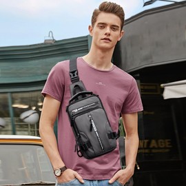 VARLIVOO Mode Men's Sling Bag Chest Bag with USB Charging Port Sport Shoulder Bag Casual Crossbody Bag Anti-Theft Sling Backpack for Work School Travel Waterproof Polyester Messenger Bag Grey
