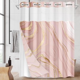 No Hook Turquoise Grey Painting Shower Curtain with Snap in Fabric Liner Set, Waterproof with See Through Mesh Top Window, Contemporary Teal Gray Abstract Bath Curtain 71x74 Inch - Color: Marble Pink, Size: 71"W x 74"L