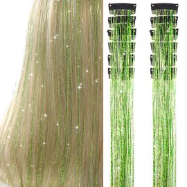 Hair Tinsel Pack of 12 Pcs Clip in Hair Tinsel 20 Inch Glitter Green Tinsel Green Hair Extensions, Festival Tinsel Fairy Hair Party Dazzle Hair Accessories Strands Kit(12Pcs,Grass Green#)