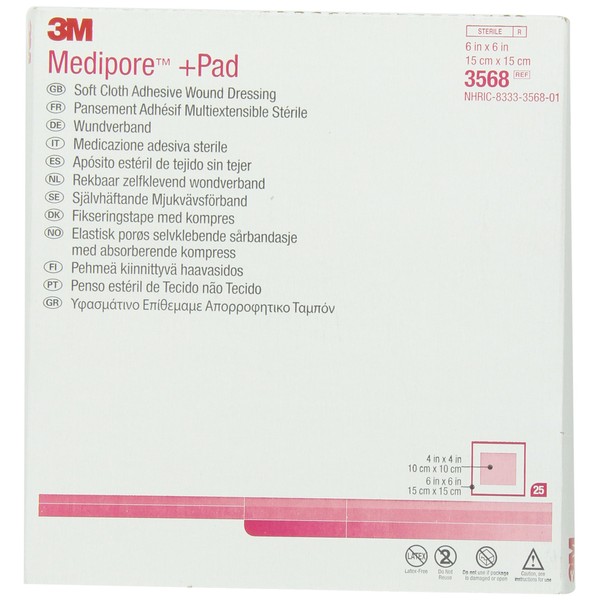 3M™ Medipore™ +Pad Soft Cloth Adhesive Wound Dressing 3568, Dressing 6 IN x 6 IN, Pad 4 IN x 4 IN, 25/CTN 4 CTN/CS