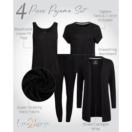 Live2Lounge Women's Pajama Set - 4 Piece Wrap Cardigan, T-Shirt, Tank Top, and Jogger Pants (S-XL), Size Medium, Deep Black