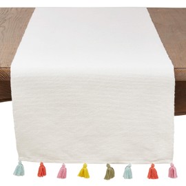 Tassel Long Table Runner Cream Modern Contemporary Cotton