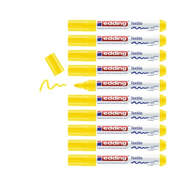 edding 4500 textile Marker - yellow - box of 10 - Round nib 2-3 mm - Permanent Fabric Markers for Drawing on textiles, wash-resisTant up to 60 Â°C - Marker Pens for Fabric Lettering