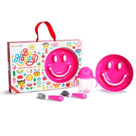Munchkin Be Happy Toddler Dining Set, Includes Suction Plate, Straw Cup and Utensil Set, Pink