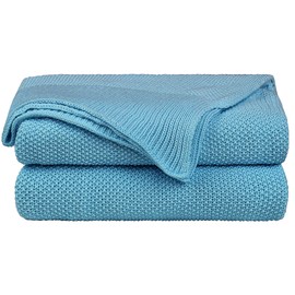 PiccoCasa 100% Cotton Knit Throw Blanket,Solid Lightweight Decorative Throws and Blankets,Soft Knitted Throw Blanket for Sofa Couch, Horizon Blue 50" x 60"