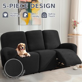 JIVINER Recliner Couch Cover, Latest Jacquard 5 Piece Stretch Sofa Covers for 3 Cushion Reclining Lazy Boy Soft Washable Sofa Slipcovers Protector with Pockets (Recliner Sofa, Black)