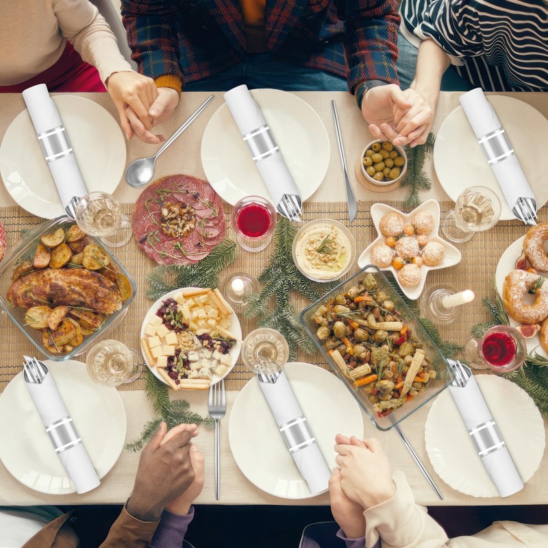 400PCS Pre-Rolled Plastic Cutlery Set Disposable - Wrapped Silver Plastic