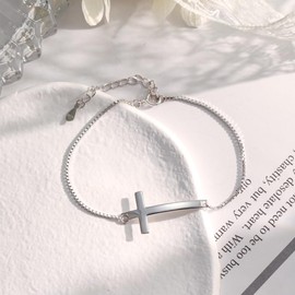 SLIACETE 925 Sterling Silver Cross Bracelet for Women Box Bracelet Simple Gold Silver Bracelet Confirmation Anniversary Birthday Faith Christian Jewelry for Women 6+2 inch (Adjustable), 8, Sterling Silver , no gemstone