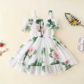 Toddler Baby Girls Summer Dress Chiffon Princess Tutu Dress Floral Rose Beachwear Suspender Sundress Skirt Little Girl Clothes 5T
