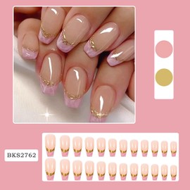 Press on Medium Square Nails French Pink Glossy Full Cover Acrylic Square Shaped False Nails with Gold Foils Designs Artificial Fake Nails with Charms Glue ons Nails Stick on Fingernails for Women
