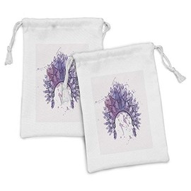 Ambesonne Tribal Fabric Pouch Set of 2, Watercolor Headdress Prehistoric Culture Folk Traditional, Small Drawstring Bag for Toiletries Masks and Favors, 9" x 6", Pale Mauve Lavender