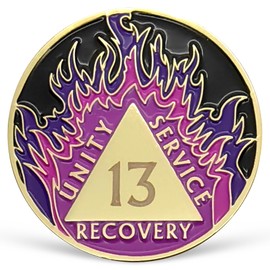 Purple Flames Sobriety Coin 13 Year AA Chip Recovery Medallion for AA NA 12 Step Clean & Sober Gifts for Men Women Alcoholics Anonymous Gifts Celebrating Addiction Recovery