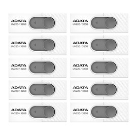 PSA Kit de 10 Piezas Memoria USB ADATA UV220, 32 GB, Retráctil, Color Blanco/Gris (Modelo AUV220-32G-RWHGY), Interfaz USB Tipo A, Fácil De Llevar COMPUTO Y PAPELERIA