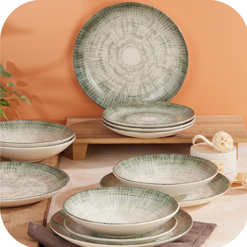 Corona 12-Piece Textured Modern Textured Finish Ceramic Dinnerware Sets, Plates