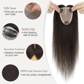 Hairro Hair Toppers 100% Real Human Hair, 14 inch Natural Black, 9x12cm Silk Base Hair Topper for Women Clip in Hair Piece Cover Thinning Hair