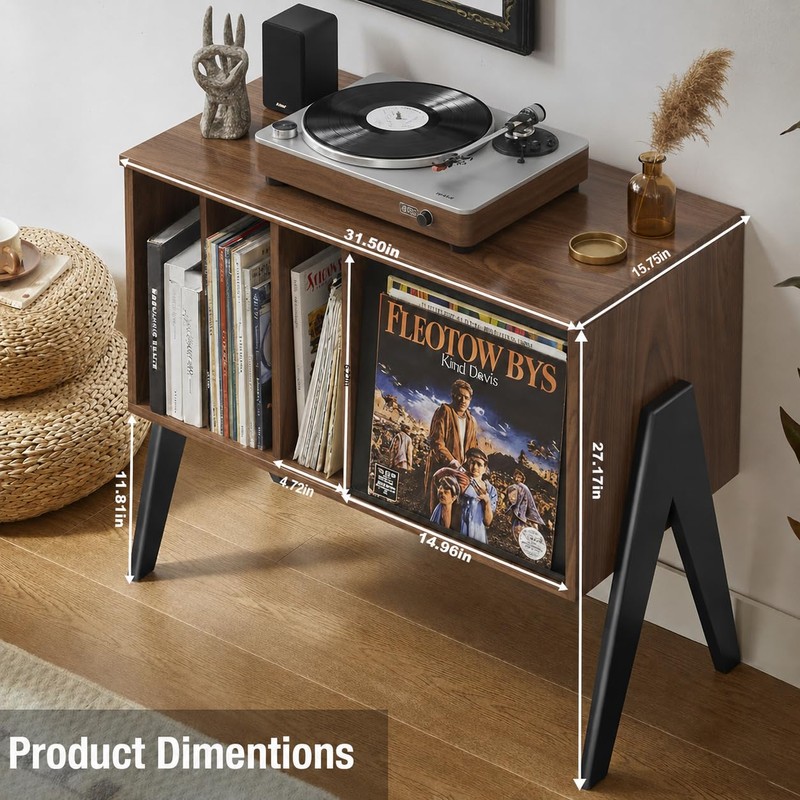 Record Player Stand with Vinyl Storage Cabinet, 32'' Mid Century