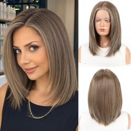 SilkHug - Peluca de cabello humano, mezcla de encaje frontal, pelucas sin pegamento para mujeres con cabello fino en capas de 14 pulgadas, 13 x 5 x 1 